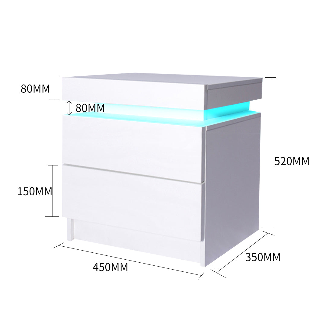 Inuvik LED Bedside Tables RGB LED Storage Cabinet High Gloss Nightstand with 2 Drawers - White