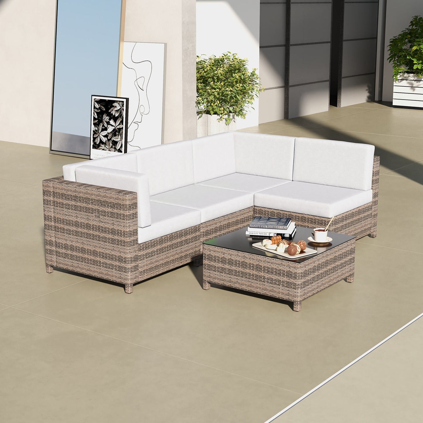 Thrapston 4-Seater Rattan Set 5-Piece Outdoor Sofa - Oatmeal