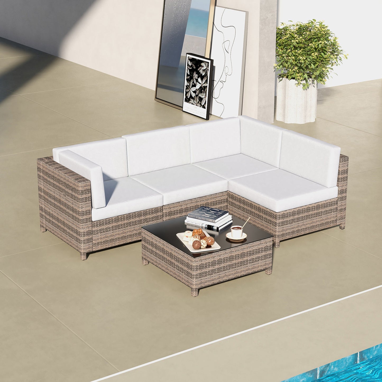 Thrapston 4-Seater Rattan Set 5-Piece Outdoor Sofa - Oatmeal