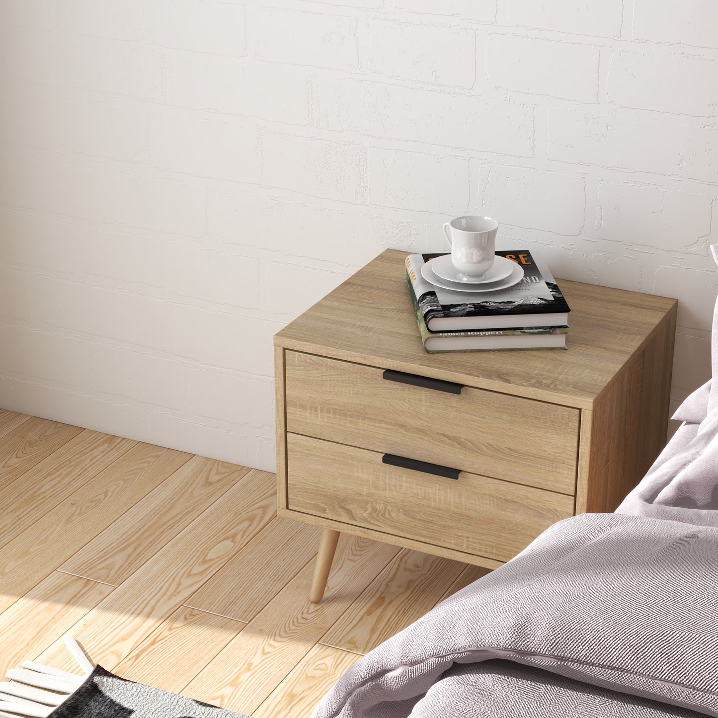 Equimalt Wooden Bedside Table with 2 Drawers - Light Brown
