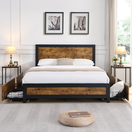 Mara Metal Bed Frame Platform Wooden with 4 Drawers Rustic - Black & Wood Double