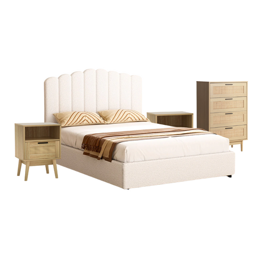 Belfast Double Bedroom Suite 5 Piece 1x Double Mattress 1x Bouclé Double Bed Frame 2x Rattan Bedside Tables and 1x Rattan Tallboy