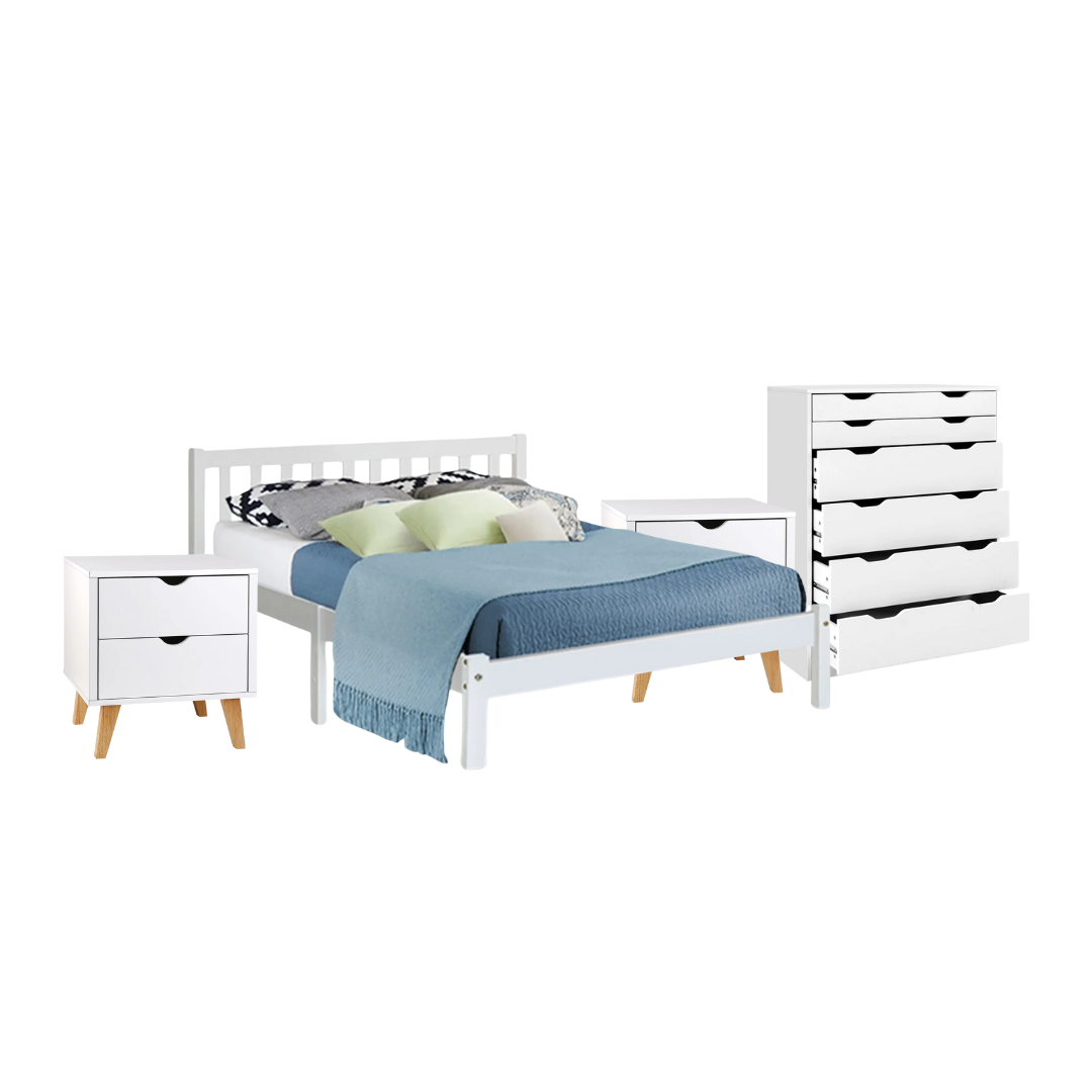 Stirling Double Bedroom Suite 5 Piece 1x Double Mattress, 1x Double Wooden Bed Frame, 2x White Wooden Bedside Tables and 1x White Tallboy