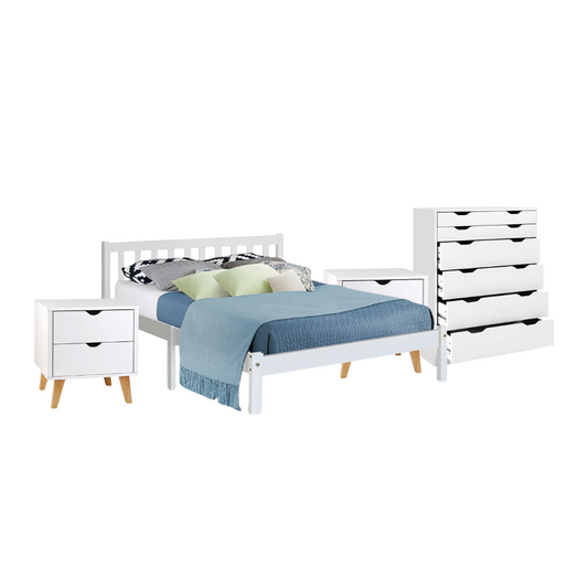Stirling Queen Bedroom Suite 5 Piece 1x Queen Mattress, 1x Queen Wooden Bed Frame, 2x White Wooden Bedside Tables and 1x White Tallboy