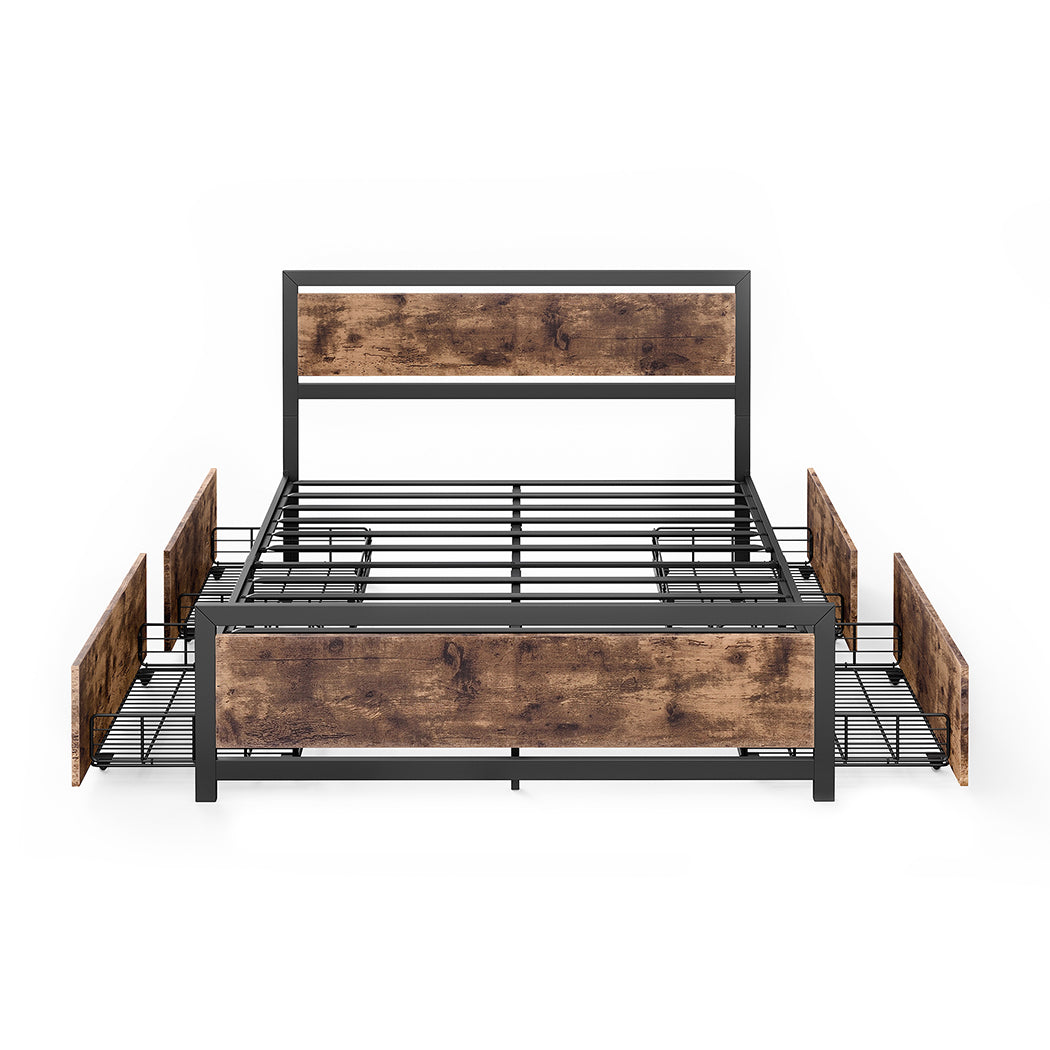 Ruth Metal Bed Frame Platform Wooden with 4 Drawers Rustic - Black & Wood Queen