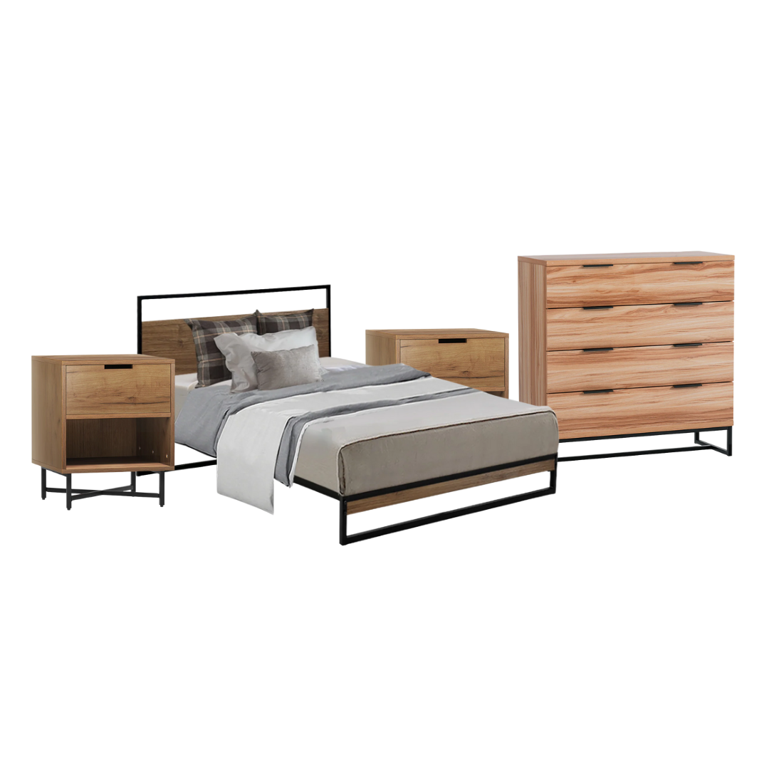 Melrose Double Bedroom Suite 5 Piece 1x Double Mattress, 1x Double Metal Bed Frame, 2x Oak Bedside Tables and 1x Oak Tallboy