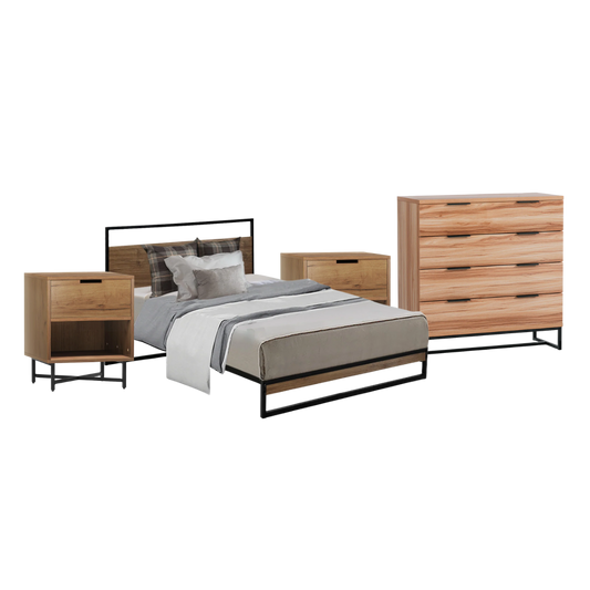 Melrose King Single Bedroom Suite 5 Piece 1x King Single Mattress, 1x King Single Metal Bed Frame, 2x Oak Bedside Tables and 1x Oak Tallboy