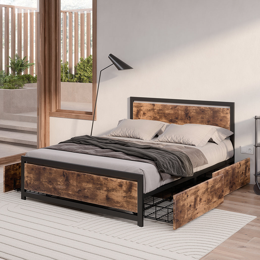 Ruth Metal Bed Frame Platform Wooden with 4 Drawers Rustic - Black & Wood Double
