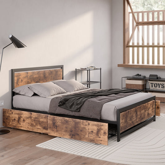 Ruth Metal Bed Frame Platform Wooden with 4 Drawers Rustic - Black & Wood Double