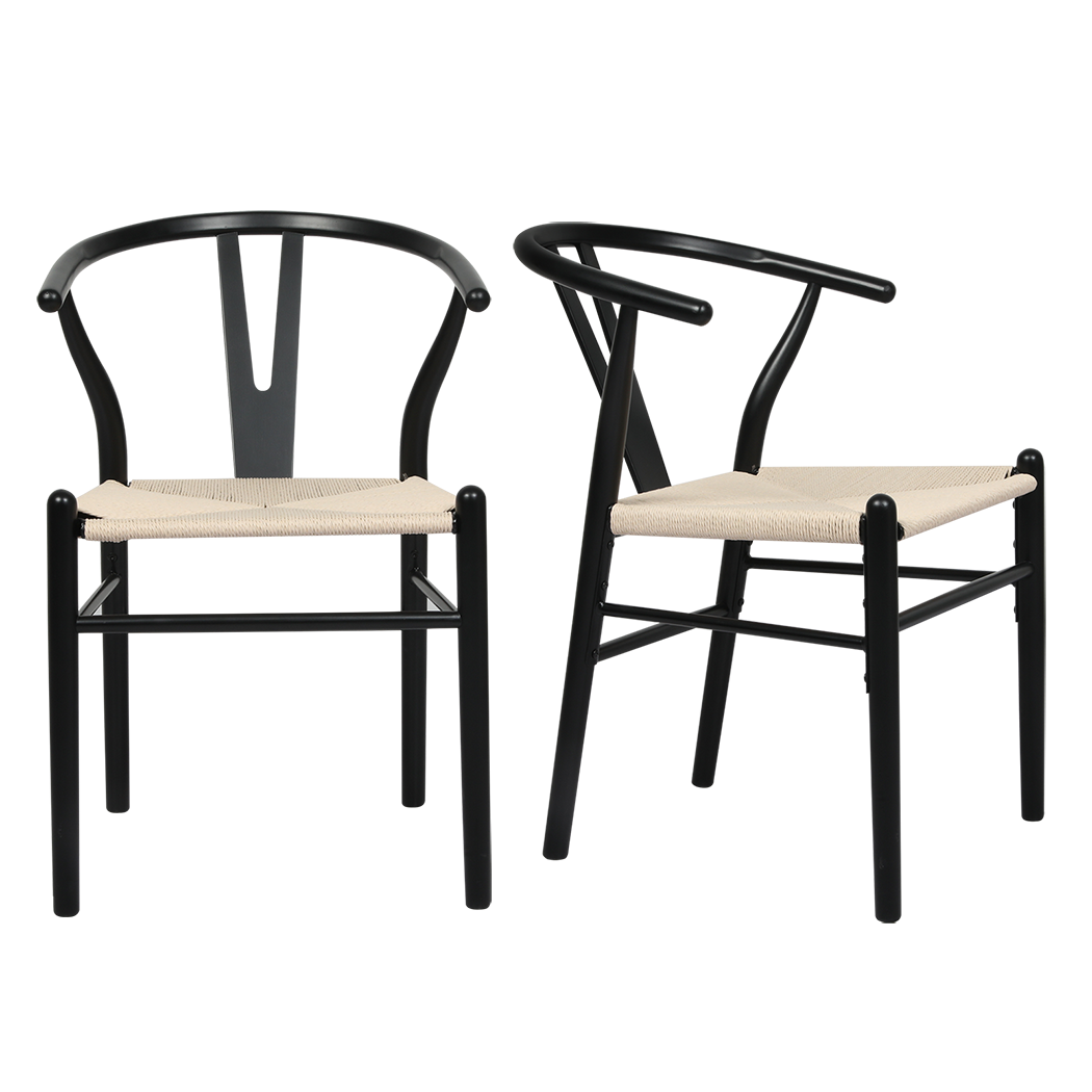 Jett Set of 2 Dining Chairs Wooden Hans Wegner Wishbone Cafe Lounge Seat - Black