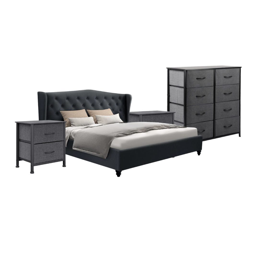 Conwy King Bedroom Suite 5 Piece 1x King Mattress, 1x King Fabric Bed Frame, 2x Dark Grey Bedside Tables and 1x Dark Grey Tallboy