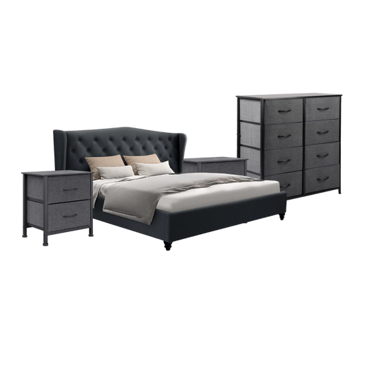 Conwy Queen Bedroom Suite 5 Piece 1x Queen Mattress, 1x Queen Fabric Bed Frame, 2x Dark Grey Bedside Tables and 1x Dark Grey Tallboy