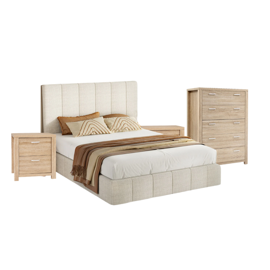 Harlech Queen Bedroom Suite 5 Piece 1x Queen Mattress, 1x Queen Fabric Bed Frame, 2x Wooden Bedside Tables and 1x Tallboy