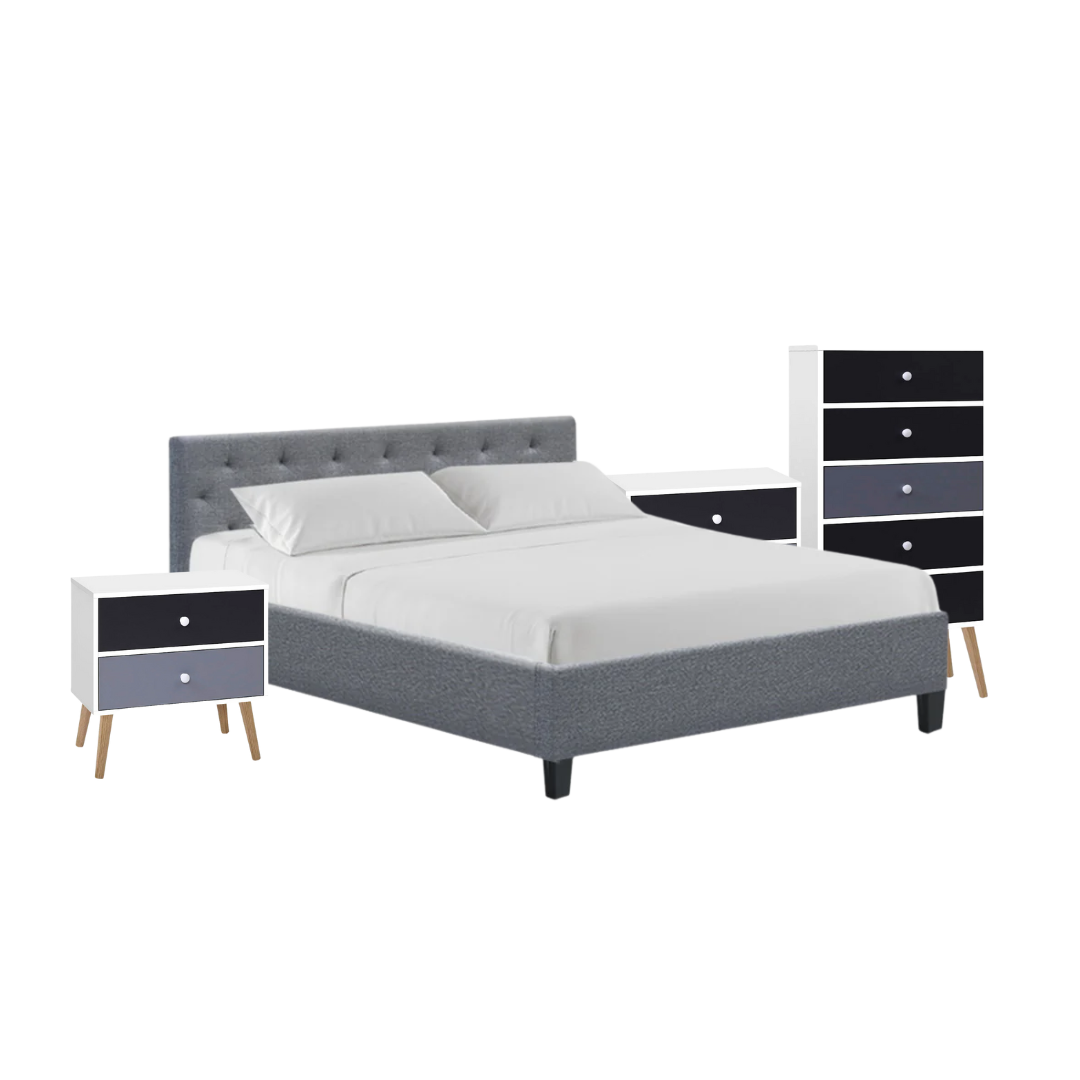 Derry Queen Bedroom Suite 5 Piece 1x Queen Mattress, 1x Queen Bed Frame Fabric, 2x Two-tone Bedside Tables and 1x Tallboy
