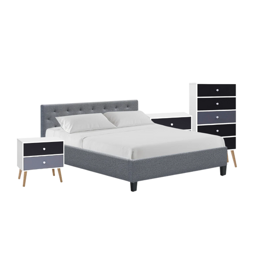 Derry Queen Bedroom Suite 5 Piece 1x Queen Mattress, 1x Queen Bed Frame Fabric, 2x Two-tone Bedside Tables and 1x Tallboy