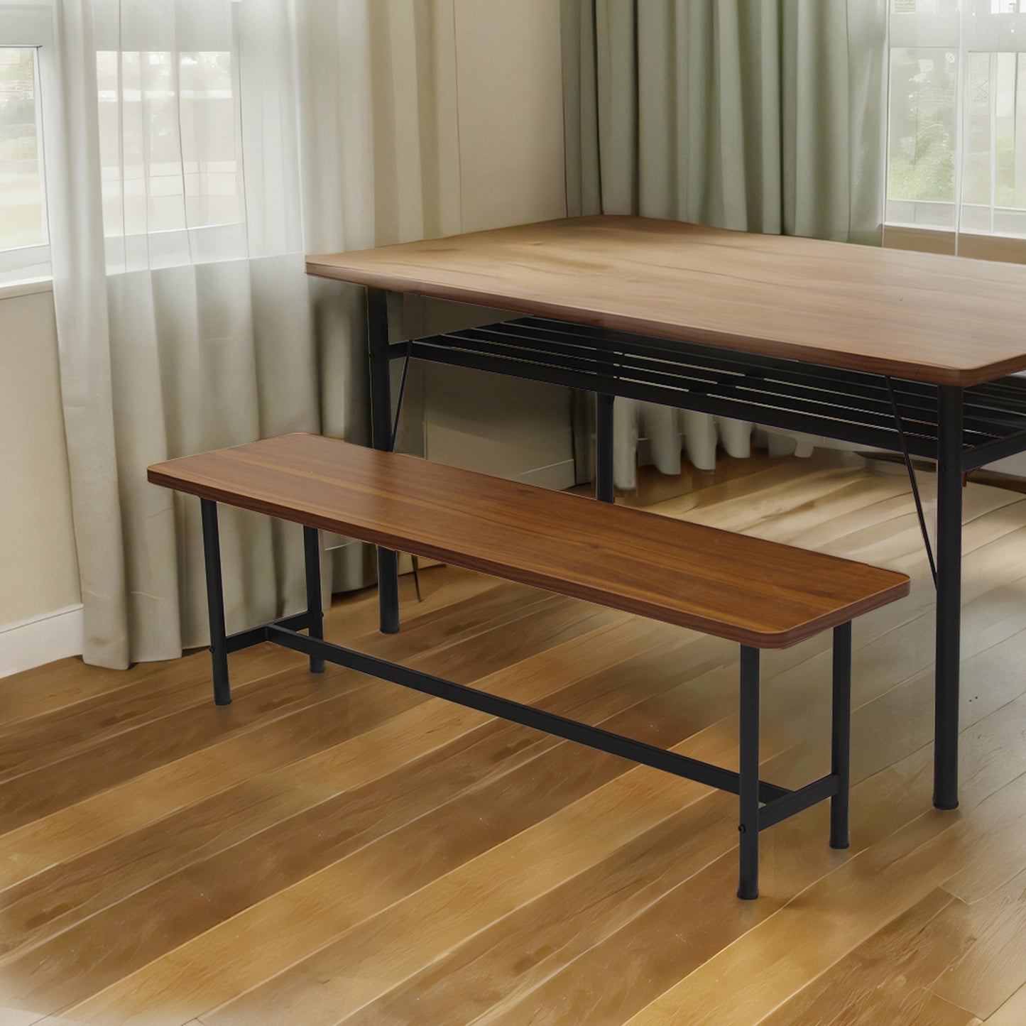 2-Piece Ennio Brown Dining Table & Chair Set Dining Table & Bench Set Steel Home Kitchen Farmhouse