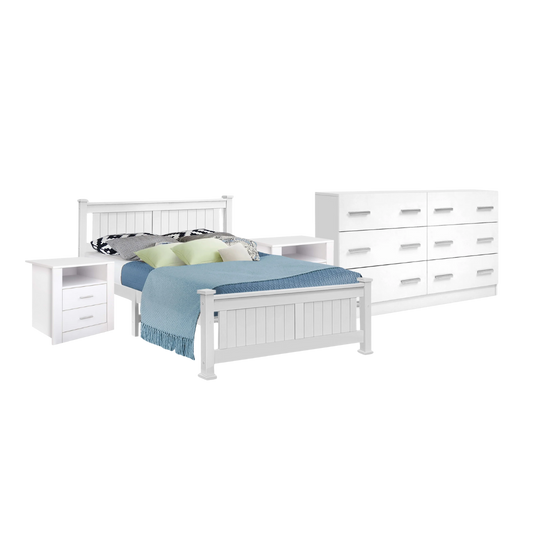 Norwich Queen Bedroom Suite 5 Piece 1x Queen Mattress, 1x Queen Wooden Bed Frame, 2x White Bedside Tables and 1x White Tallboy