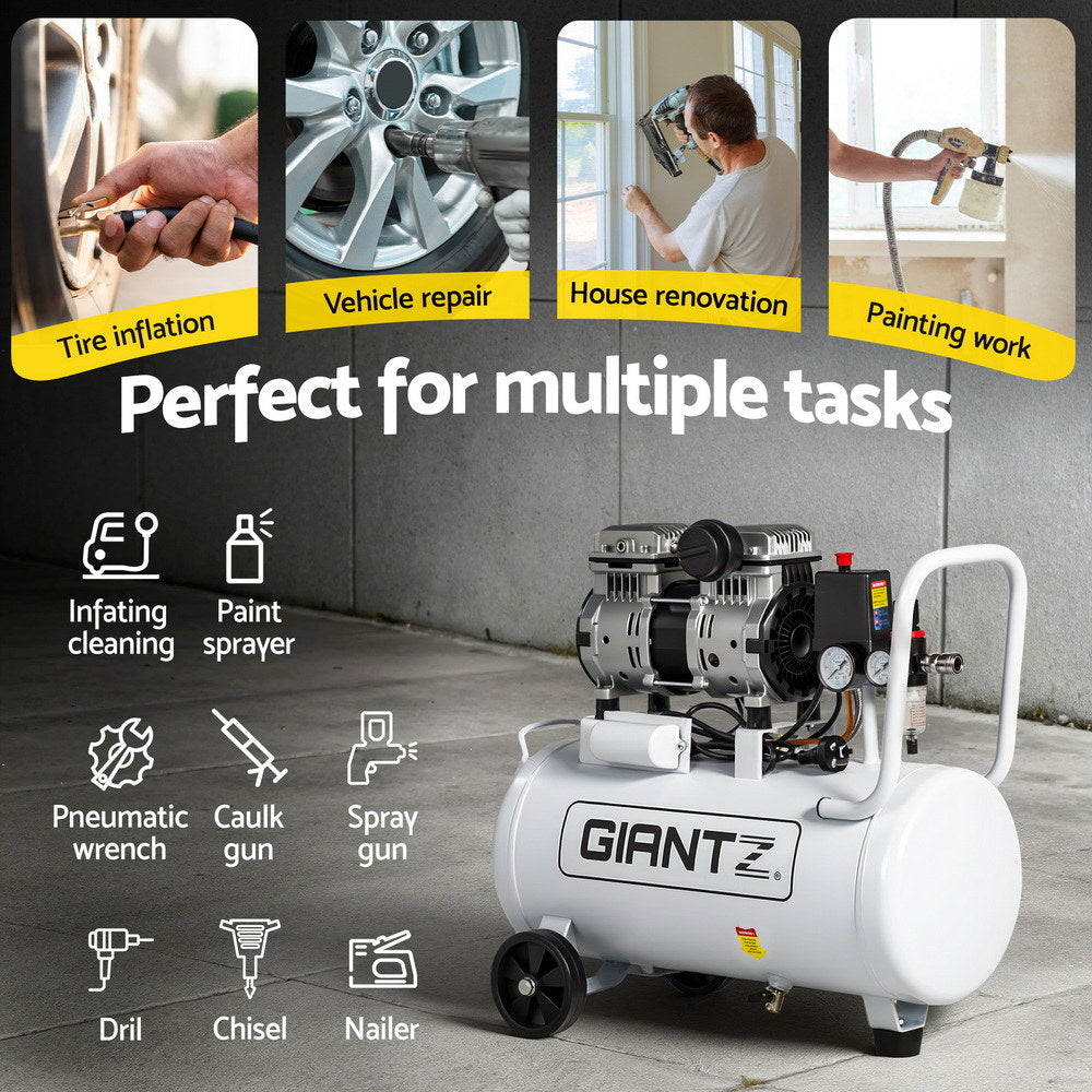 30L Air Compressor Quiet 0.75HP Oil-Free Portable Tyre Inflator 40L/Min
