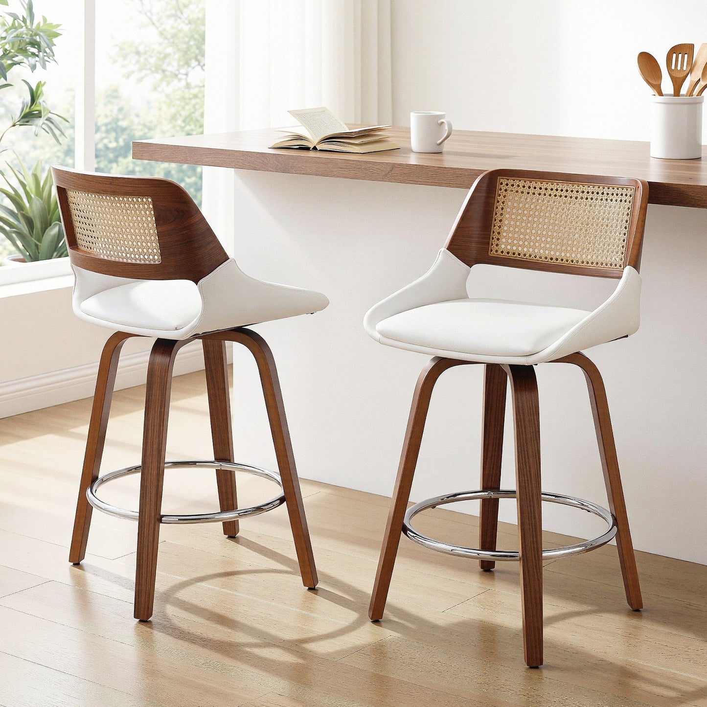 Set of 2 Colmar Wooden Bar Stools Swivel Kitchen Counter Stool Chair 60cm Seat Height - White