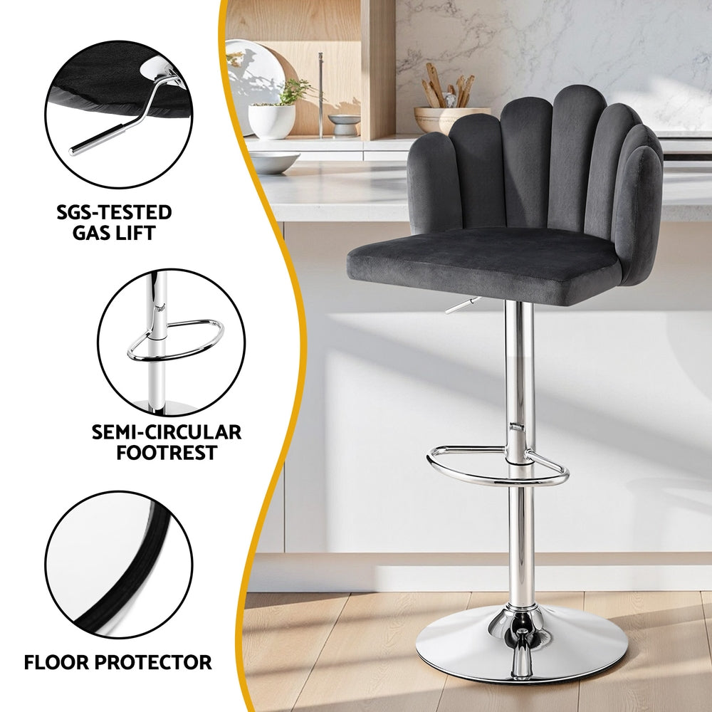 Set of 4 Graz Bar Stool X4 Kitchen Dining Counter Gaslift Chair Adjustable Velvet - Grey
