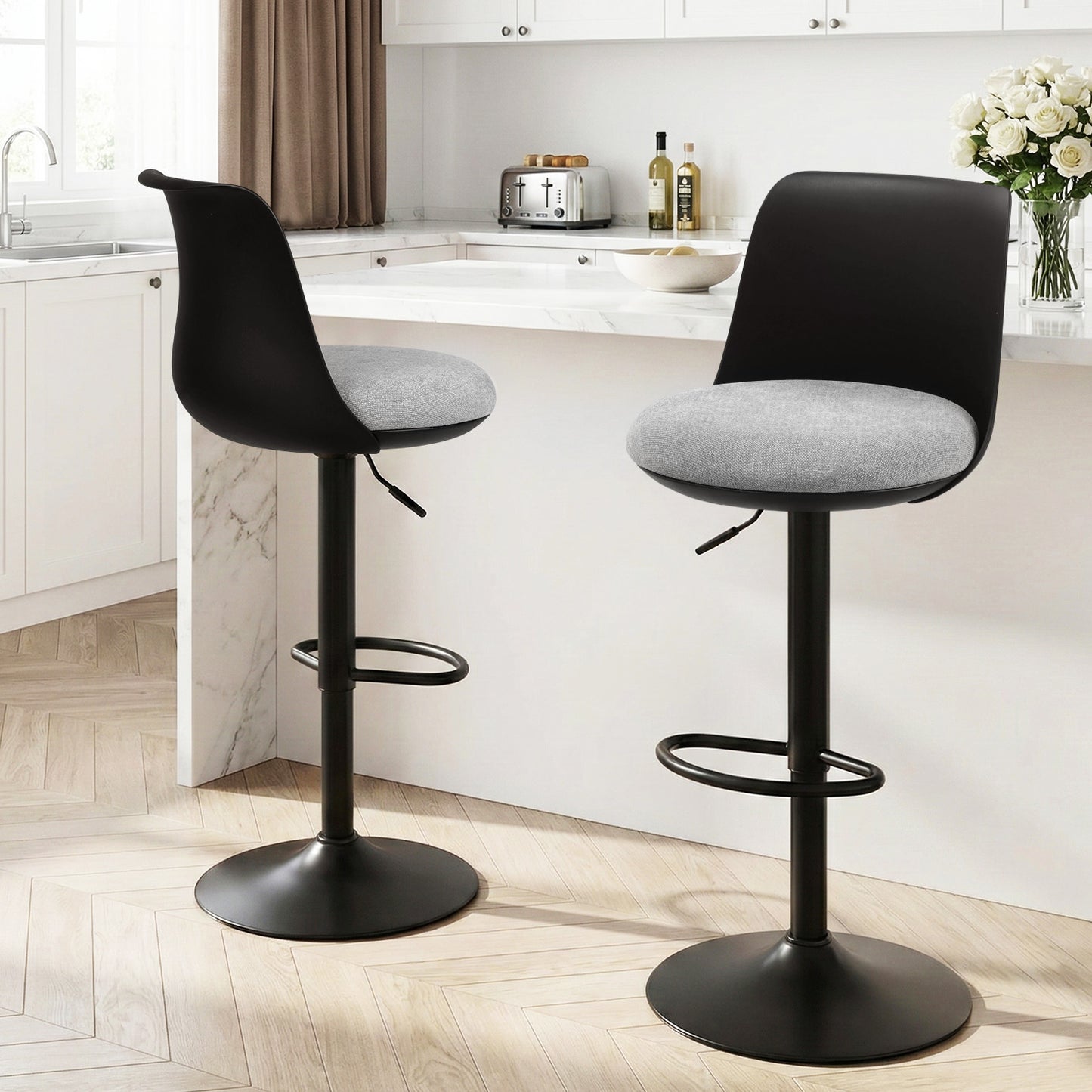 Set of 2 Ohrid Bar Stools Kitchen Swivel Gas Lift Counter Dining Chair Curved - Black