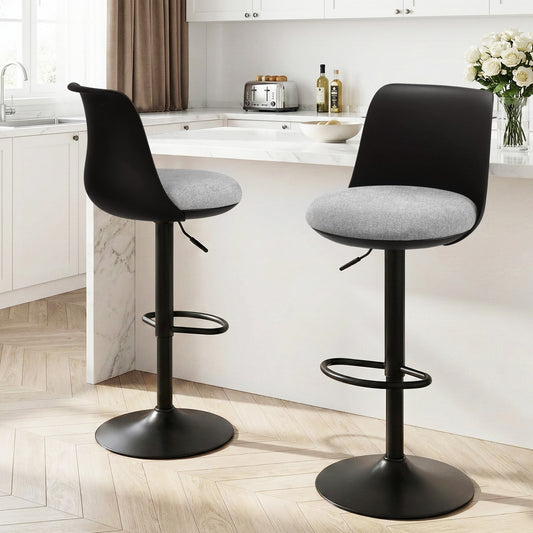 Set of 2 Ohrid Bar Stools Kitchen Swivel Gas Lift Counter Dining Chair Curved - Black