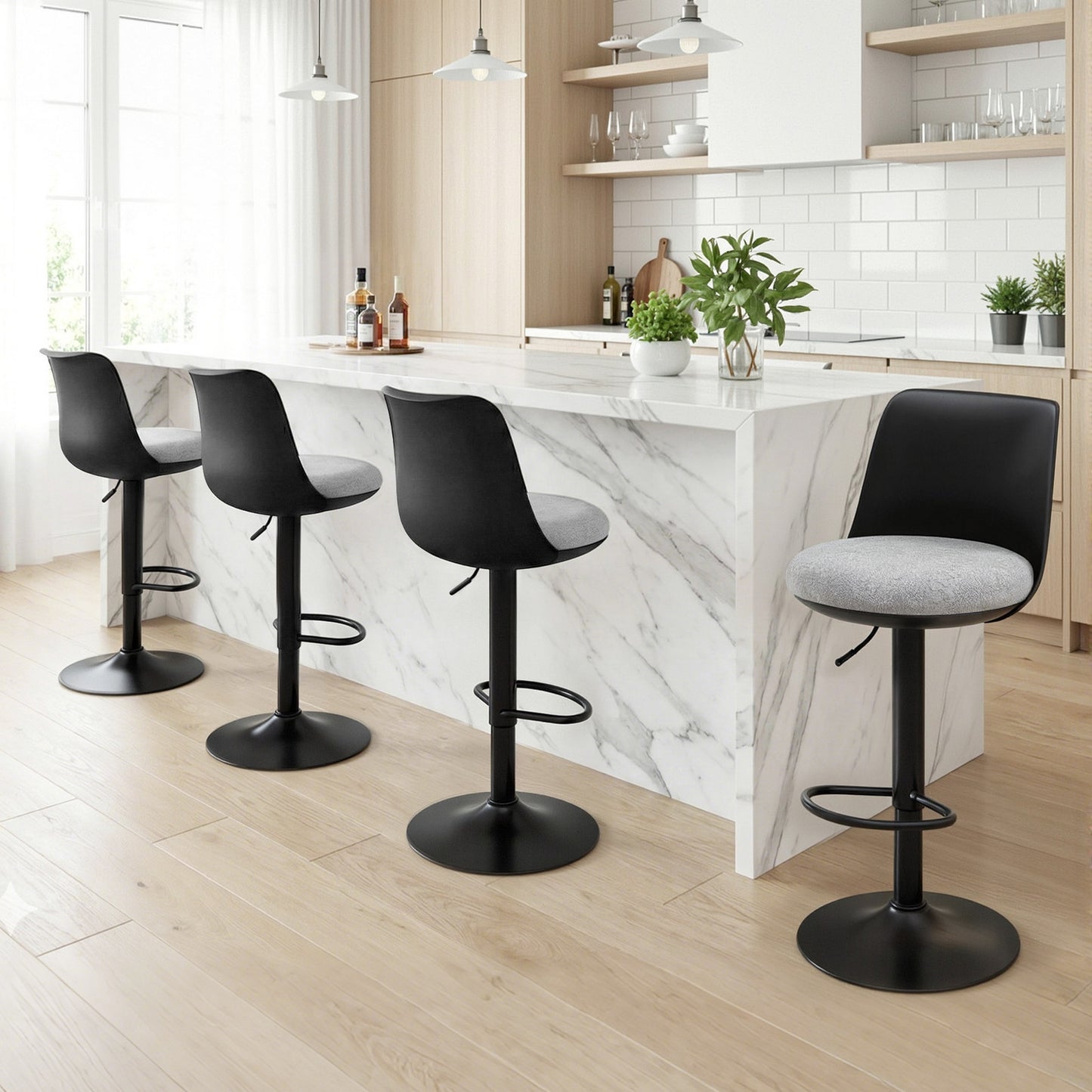 Set of 4 Ohrid Bar Stools Kitchen Swivel Gas Lift Counter Dining Chair Curved - Black