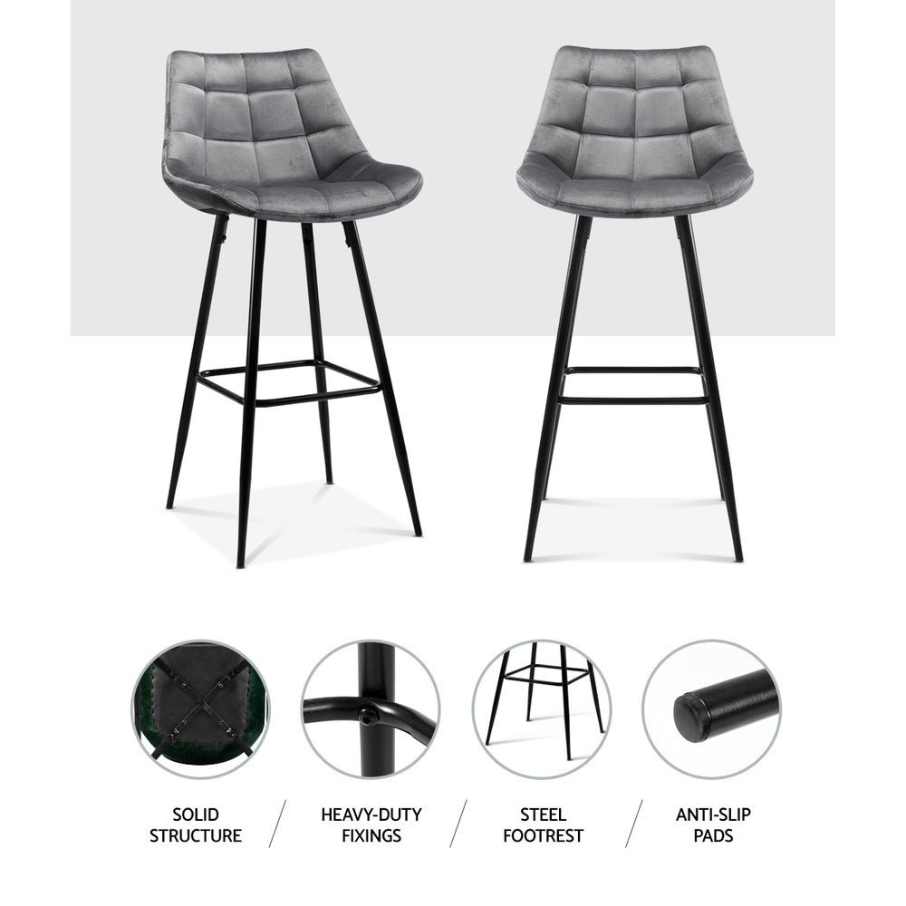 Set of 2 Loures Velvet Bar Stools - Grey