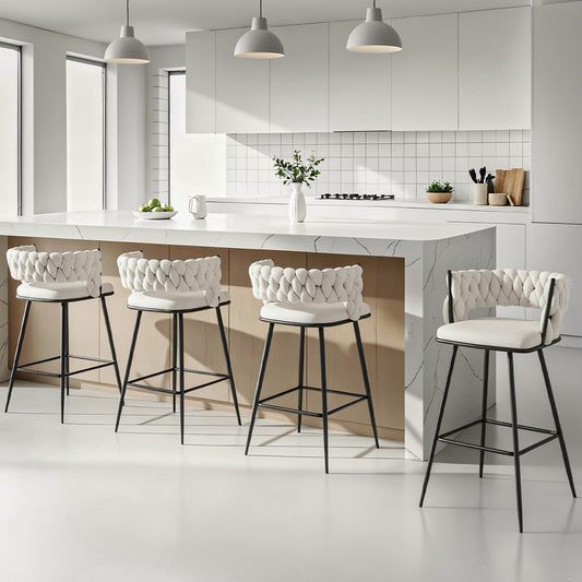 Set of 4 Asosa Bar Stools Kitchen Dining Chair Counter Stool Woven Velvet Metal - Ivory