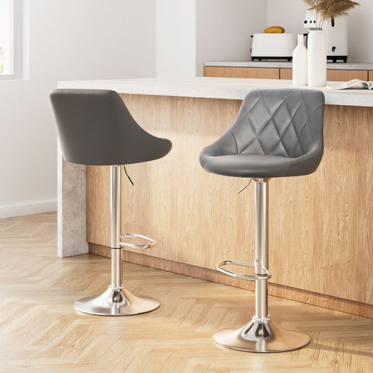 Set of 2 Corfu Bar Stools PU Leather Diamond Style - Grey