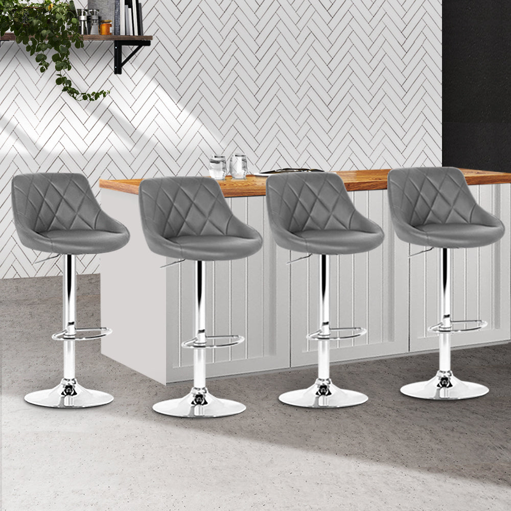 Set of 4 Corfu Bar Stools PU Leather Diamond Style - Grey