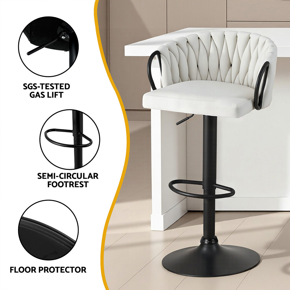 Set of 2 Caraz Bar Stool Kitchen Dining Chair Counter Gaslift Woven Velvet - Ivory