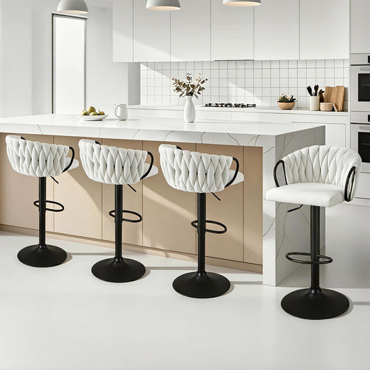 Set of 4 Caraz Bar Stool Kitchen Dining Chair Counter Gaslift Woven Velvet - Ivory