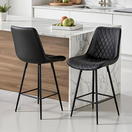 Set of 2 Goris Bar Stools Kitchen Dining Chair Counter Stool Diamond PU Leather - Black