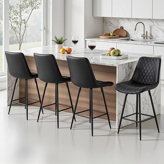 Set of 4 Goris Bar Stools Kitchen Dining Chair Counter Stool Diamond PU Leather - Black