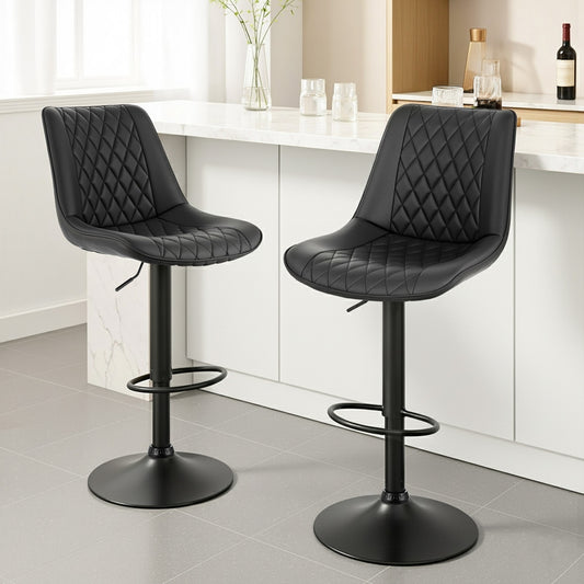 Set of 2 Goris Bar Stools Kitchen Swivel Gas Lift Counter Chair Diamond Leather - Black