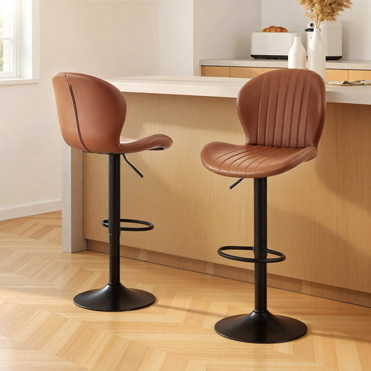Set of 2 Lerwick Bar Stools Kitchen Swivel Gas Lift Counter Chair Shell Leather - Brown