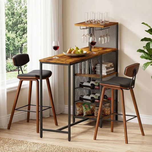 3-Piece Fosca Wood Bar Table and Stools Set Solid Wood Kitchen Chairs Cafe Pub
