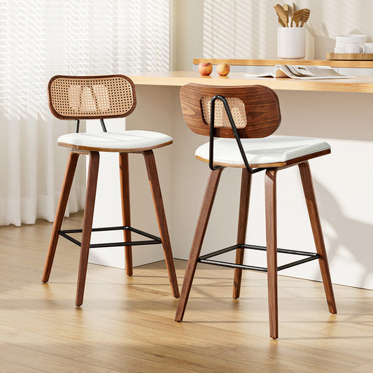 Set of 2 Banfora Bar Stools Kitchen Counter Rattan Chairs PU Leather Padding - Wood & Beige