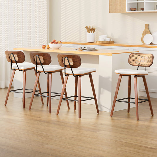 Set of 4 Banfora Bar Stools Kitchen Counter Rattan Chairs PU Leather Padding - Wood & Beige