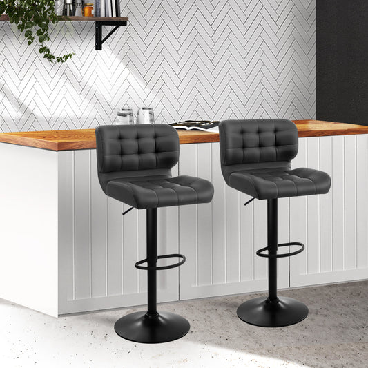 Set of 2 Genoa Kitchen Bar Stools Gas Lift Plush PU Leather - Black & Grey