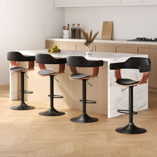 Set of 4 Eindhoven Bar Stools Gas Lift Leather w/Armrest All - Black