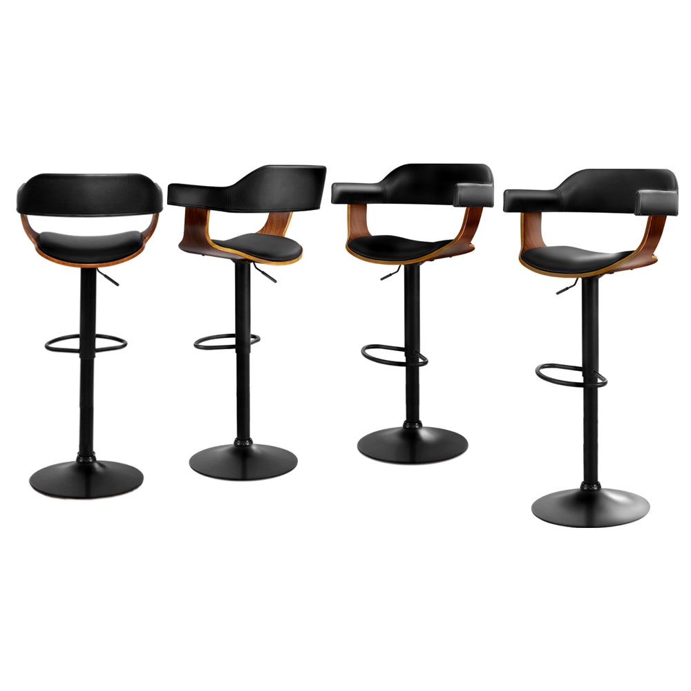Set of 4 Eindhoven Bar Stools Gas Lift Leather w/Armrest All - Black