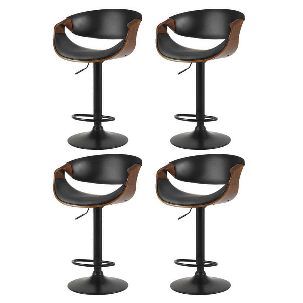 Set of 4 Montpellier Bar Stools Gas Lift Leather with Armrest - Black