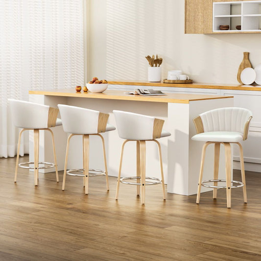 Set of 4 Salisbury Bar Stools Kitchen Stool Wooden Chair Swivel Chairs Leather - White