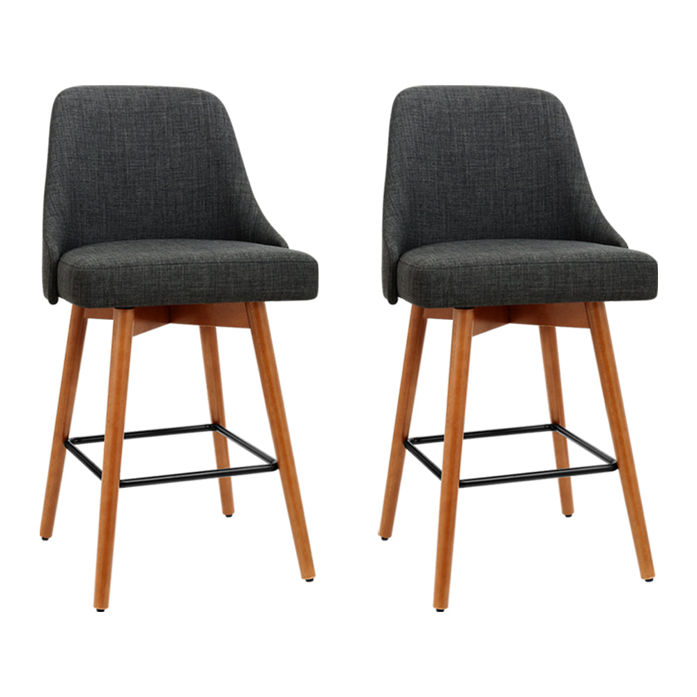 Set of 2 Vicenza Wooden Fabric Bar Stools Square Footrest - Charcoal