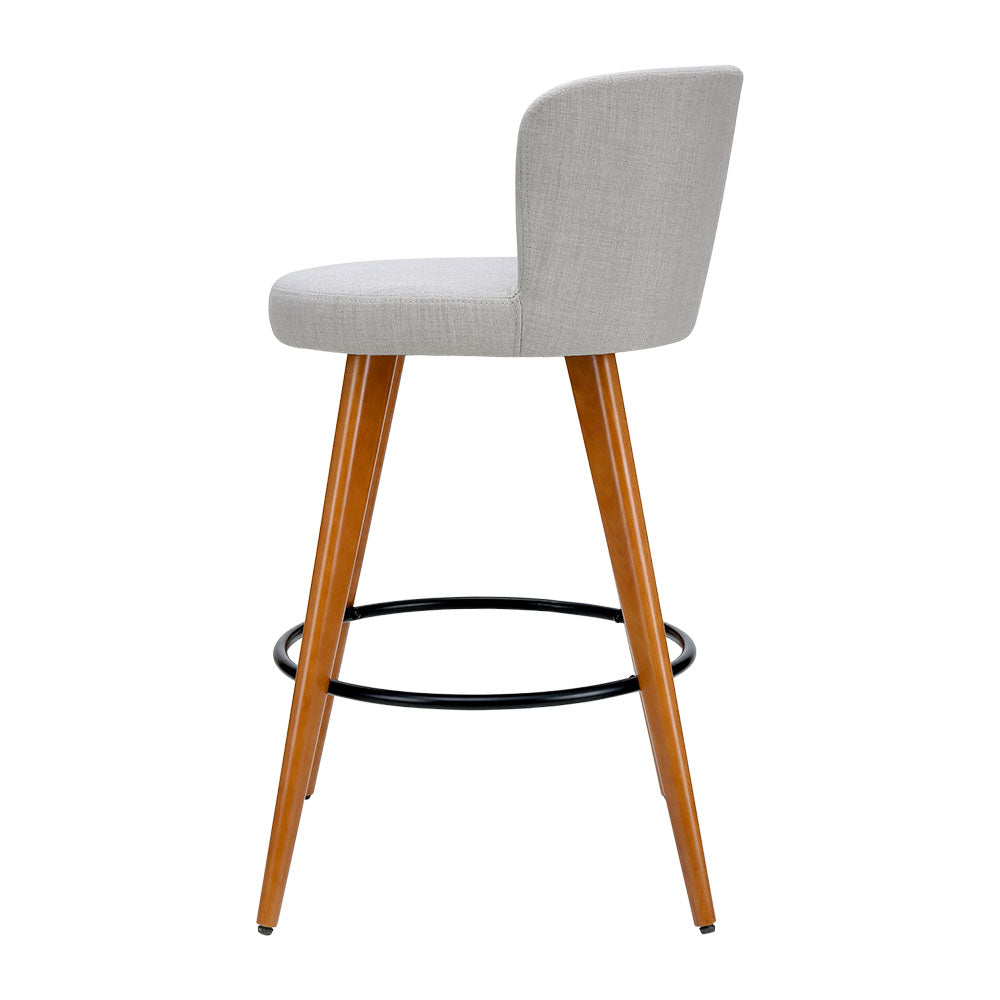 Set of 2 Arta Wooden Fabric Bar Stools Circular Footrest - Light Grey