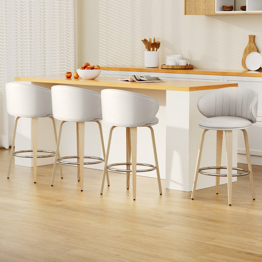 Set of 4 Camenca Bar Stools Dining Chairs Contoured Leather Wood Stool - Beige