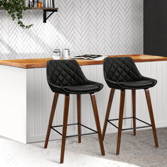 Set of 2 Aveiro Bar Stools Bentwood PU Leather Diamond Pleat - Black