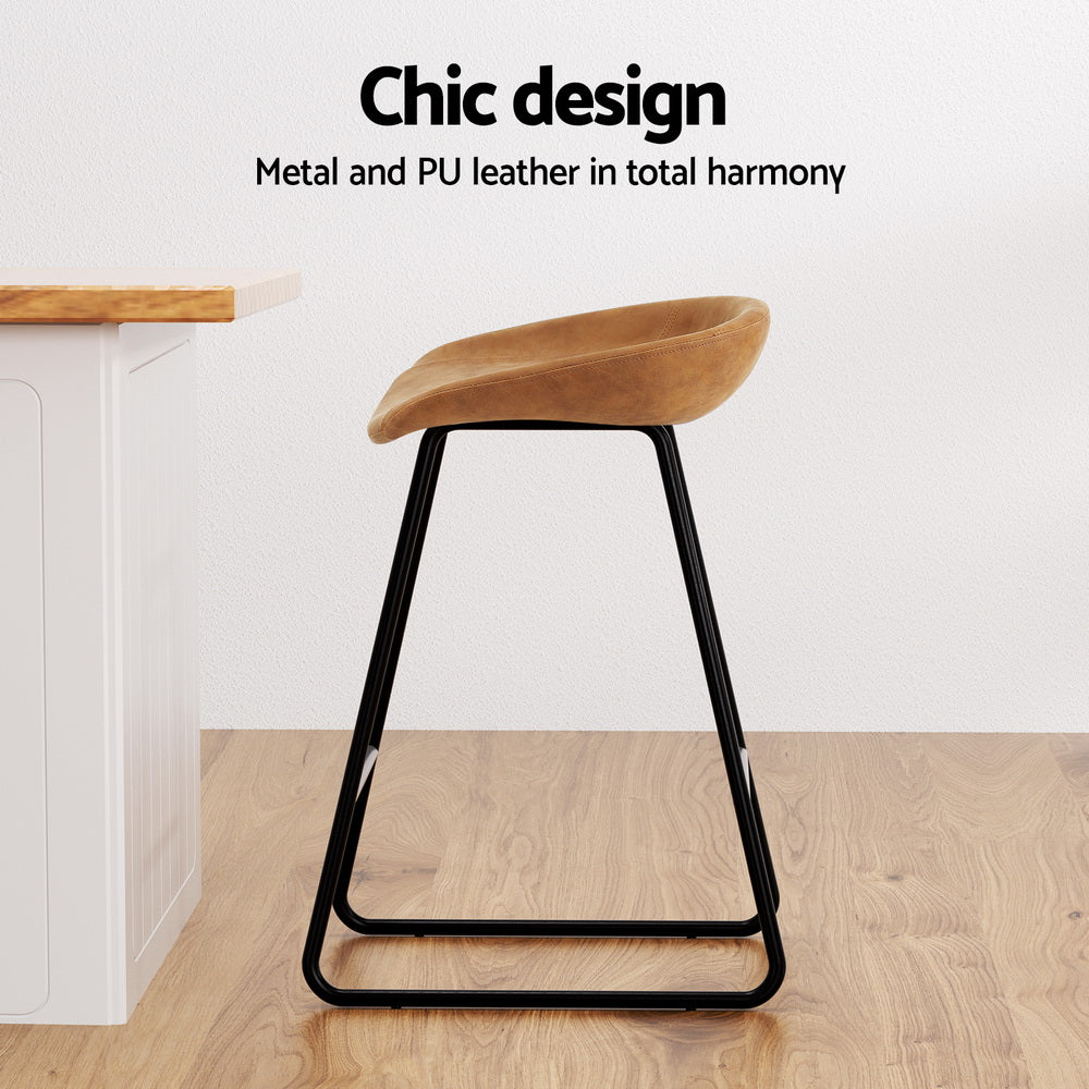 Set of 2 Caracas Bar Stools Kitchen Dining Chairs Counter Stool PU Leather Metal - Brown